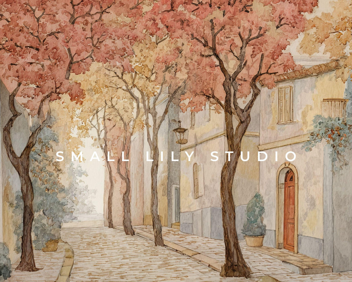 FRAME TV art Fall Tree-Lined Street, Samsung Frame TV art Autumn Vintage Watercolor Style Painting | TV1005