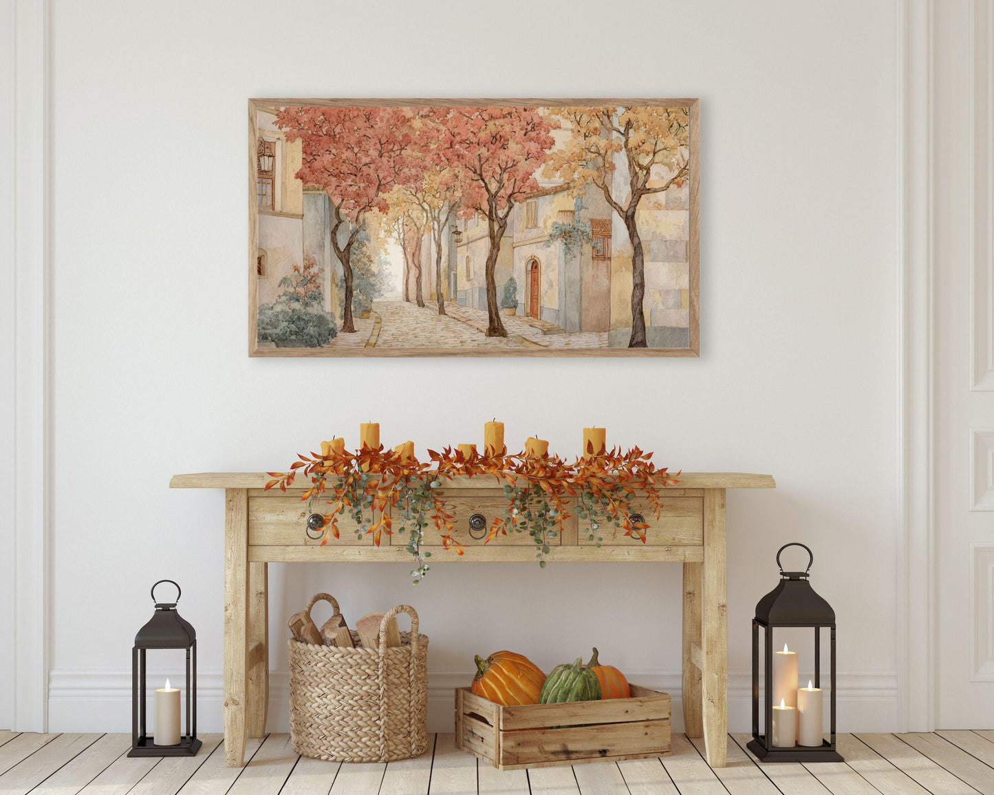 FRAME TV art Fall Tree-Lined Street, Samsung Frame TV art Autumn Vintage Watercolor Style Painting | TV1005
