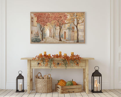 FRAME TV art Fall Tree-Lined Street, Samsung Frame TV art Autumn Vintage Watercolor Style Painting | TV1005
