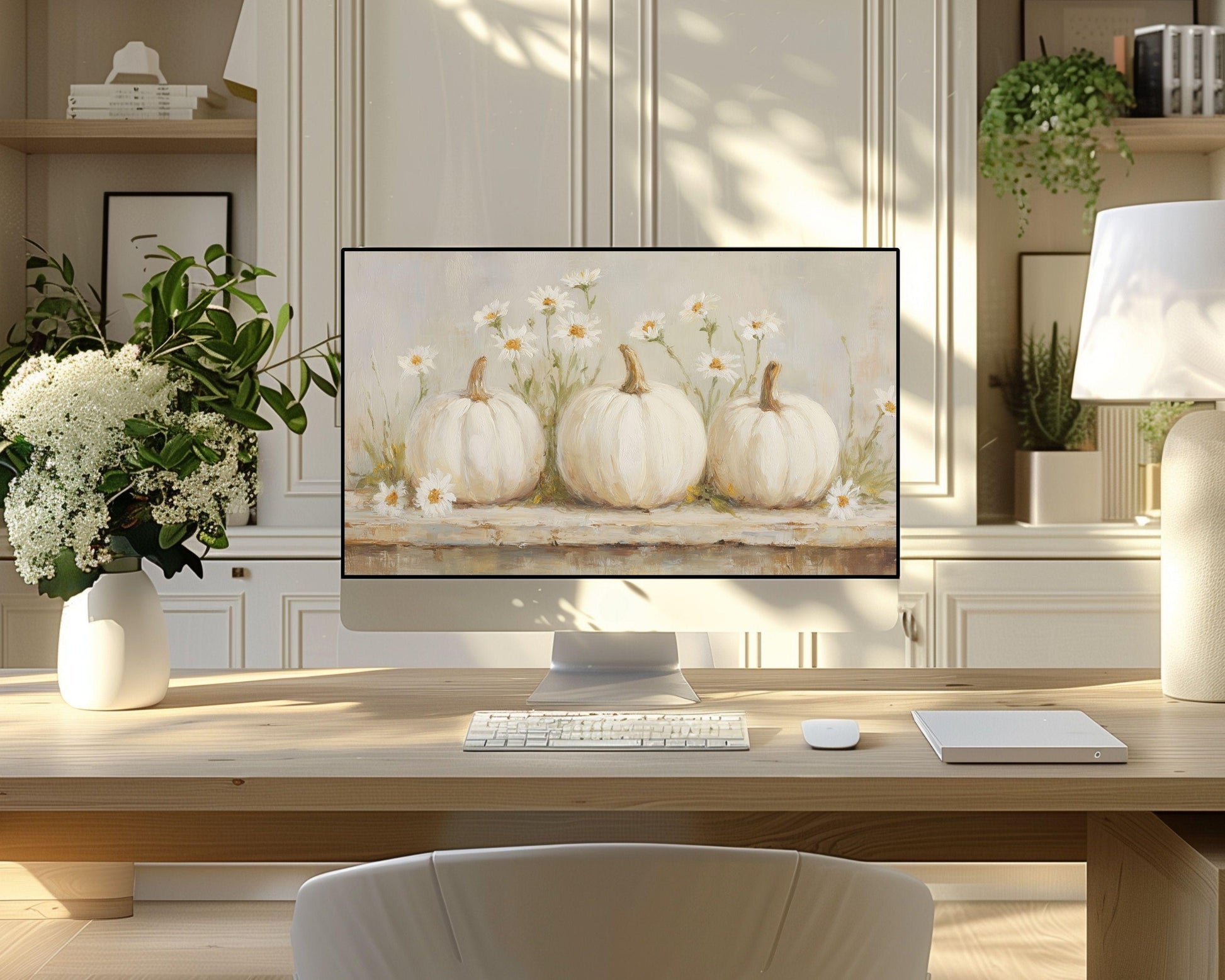 Pumpkins and Daisies Desktop Wallpaper Set, Fall Phone Wallpaper, Autumn iPhone Wallpaper, Neutral iPad Background Vintage Style | WS126