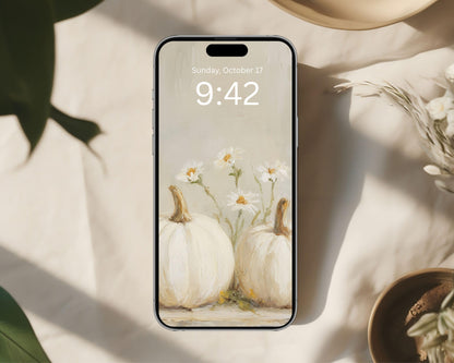 White Pumpkins Phone Wallpaper, Fall iPhone Wallpaper, Autumn Samsung Galaxy Phone Background, Neutral Vintage Style Art | WP126