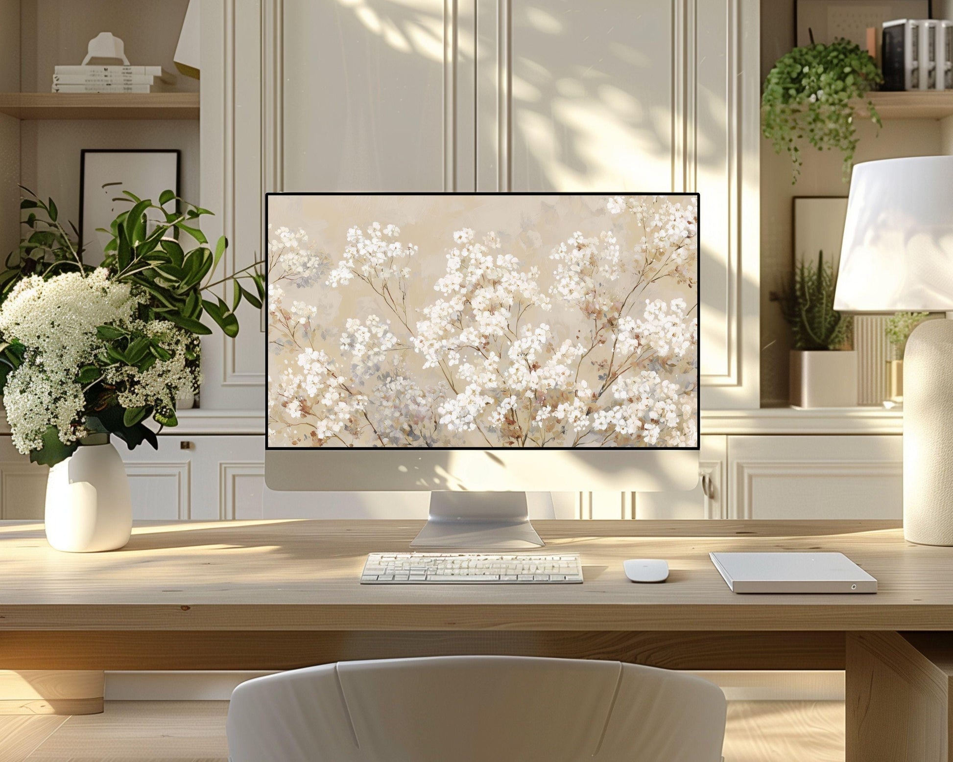 White Floral Desktop Wallpaper Set, Fall Phone Wallpaper, Autumn iPhone Wallpaper, Neutral iPad Background Vintage Style | WS128