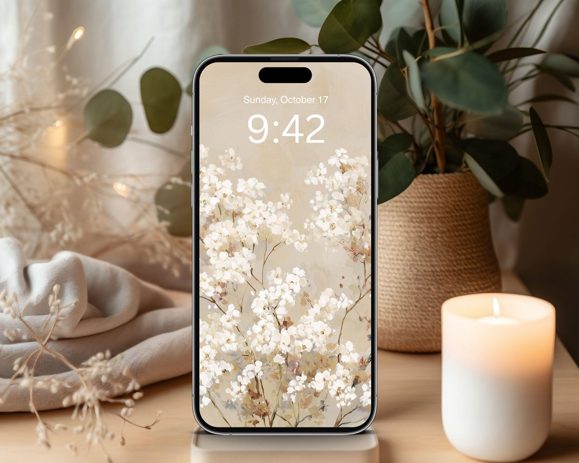 White Floral Desktop Wallpaper Set, Fall Phone Wallpaper, Autumn iPhone Wallpaper, Neutral iPad Background Vintage Style | WS128