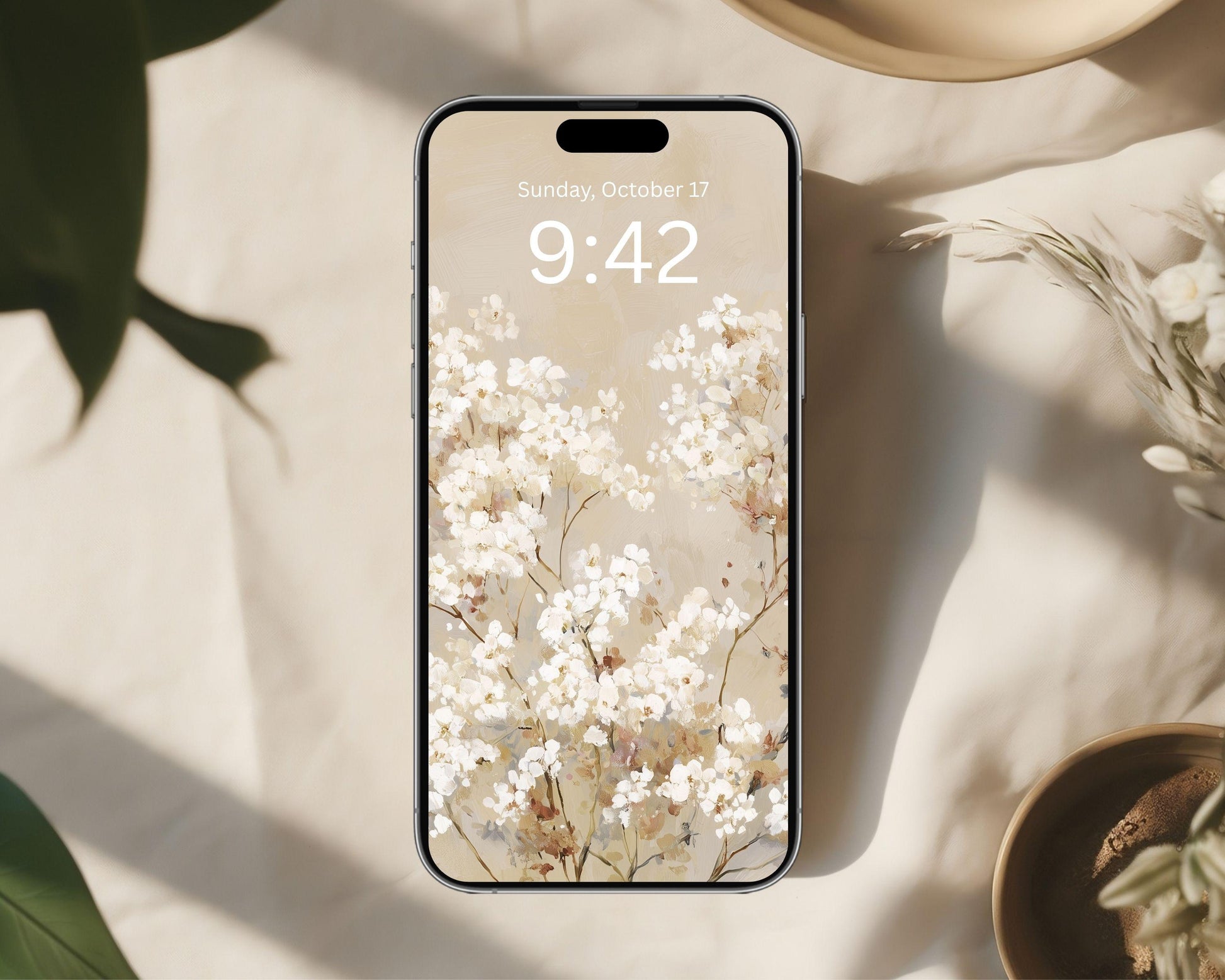 White Floral Phone Wallpaper, Fall iPhone Wallpaper, Autumn Samsung Galaxy Phone Background, Neutral Vintage Style Art | WP128