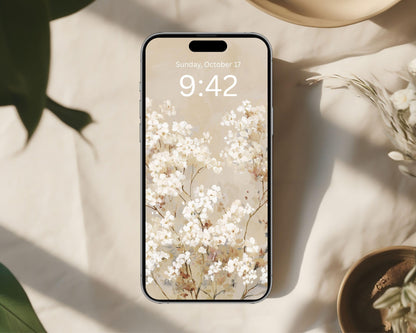 White Floral Phone Wallpaper, Fall iPhone Wallpaper, Autumn Samsung Galaxy Phone Background, Neutral Vintage Style Art | WP128