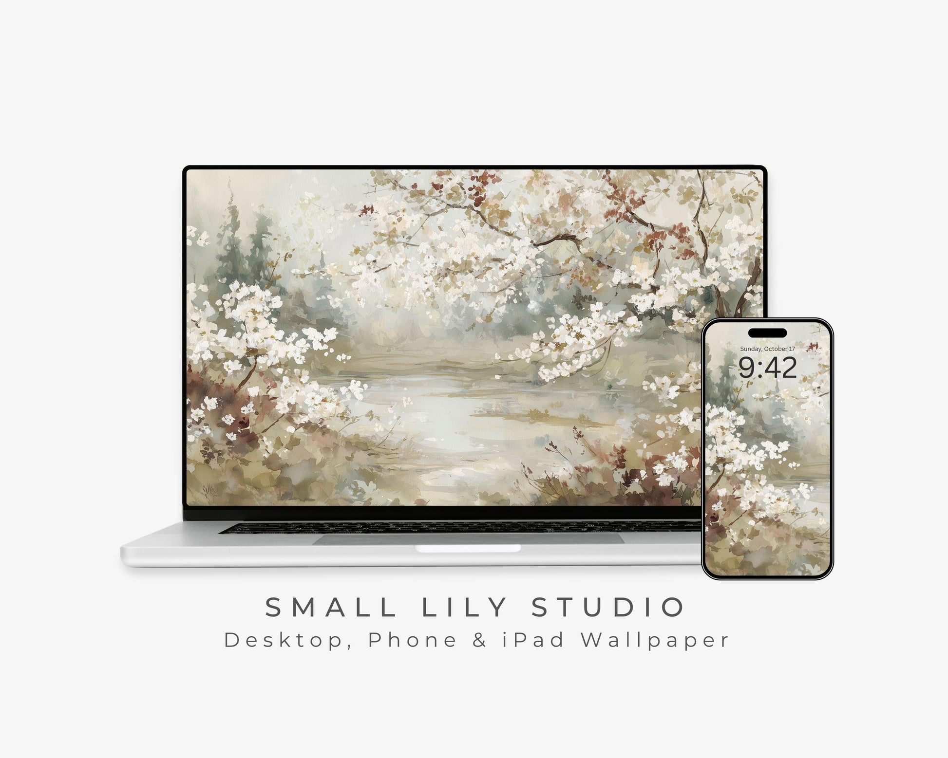 Watercolor Floral Landscape Desktop Wallpaper Set, Spring Phone Wallpaper, Neutral iPhone Wallpaper, iPad Background Vintage Style | WS129