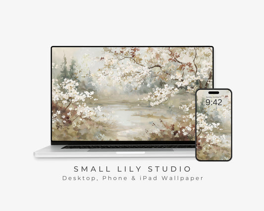Watercolor Floral Landscape Desktop Wallpaper Set, Spring Phone Wallpaper, Neutral iPhone Wallpaper, iPad Background Vintage Style | WS129