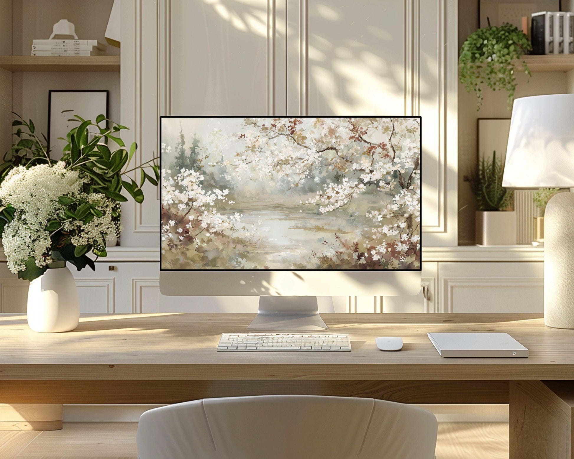 Watercolor Floral Landscape Desktop Wallpaper Set, Spring Phone Wallpaper, Neutral iPhone Wallpaper, iPad Background Vintage Style | WS129