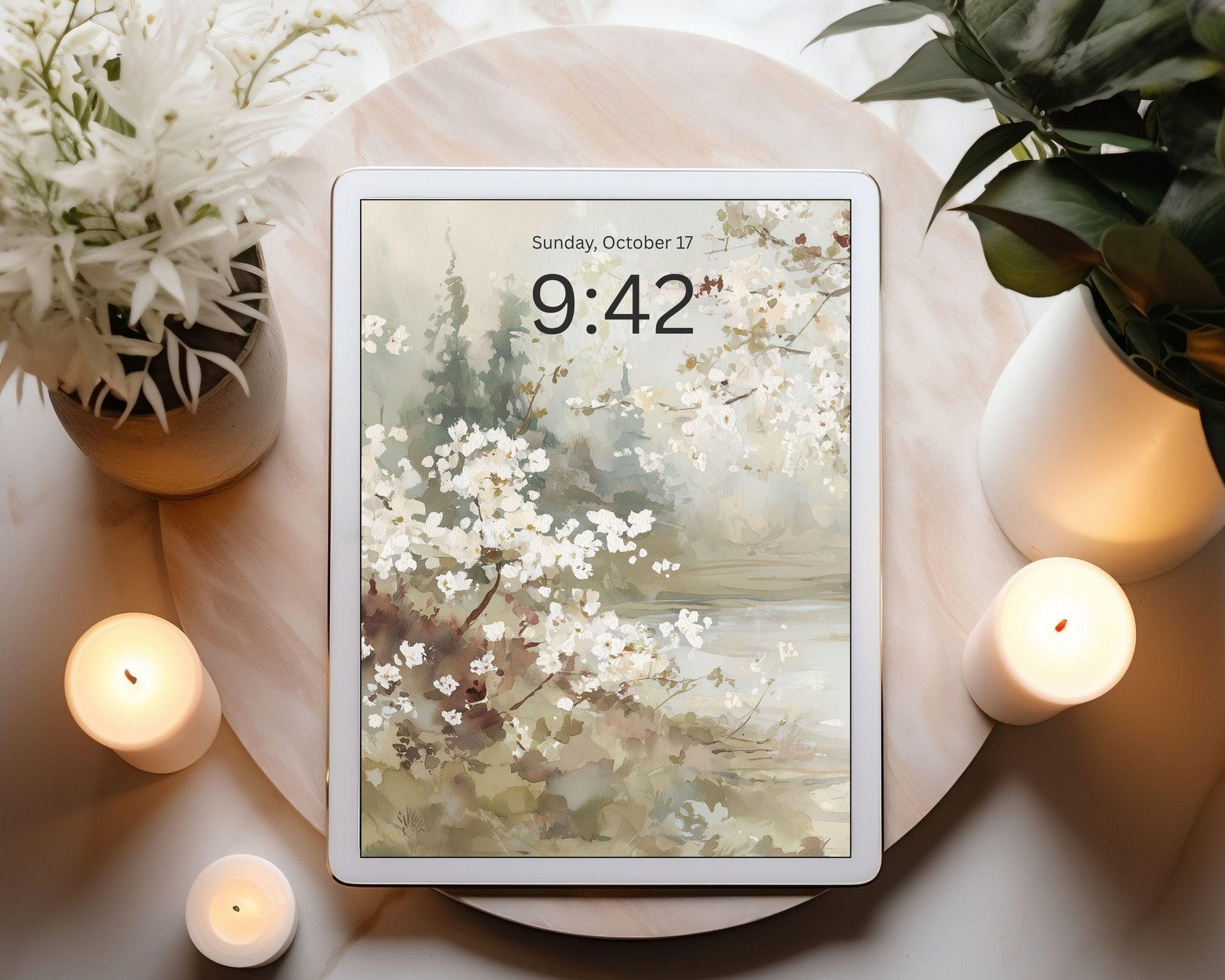 Watercolor Floral Landscape Desktop Wallpaper Set, Spring Phone Wallpaper, Neutral iPhone Wallpaper, iPad Background Vintage Style | WS129