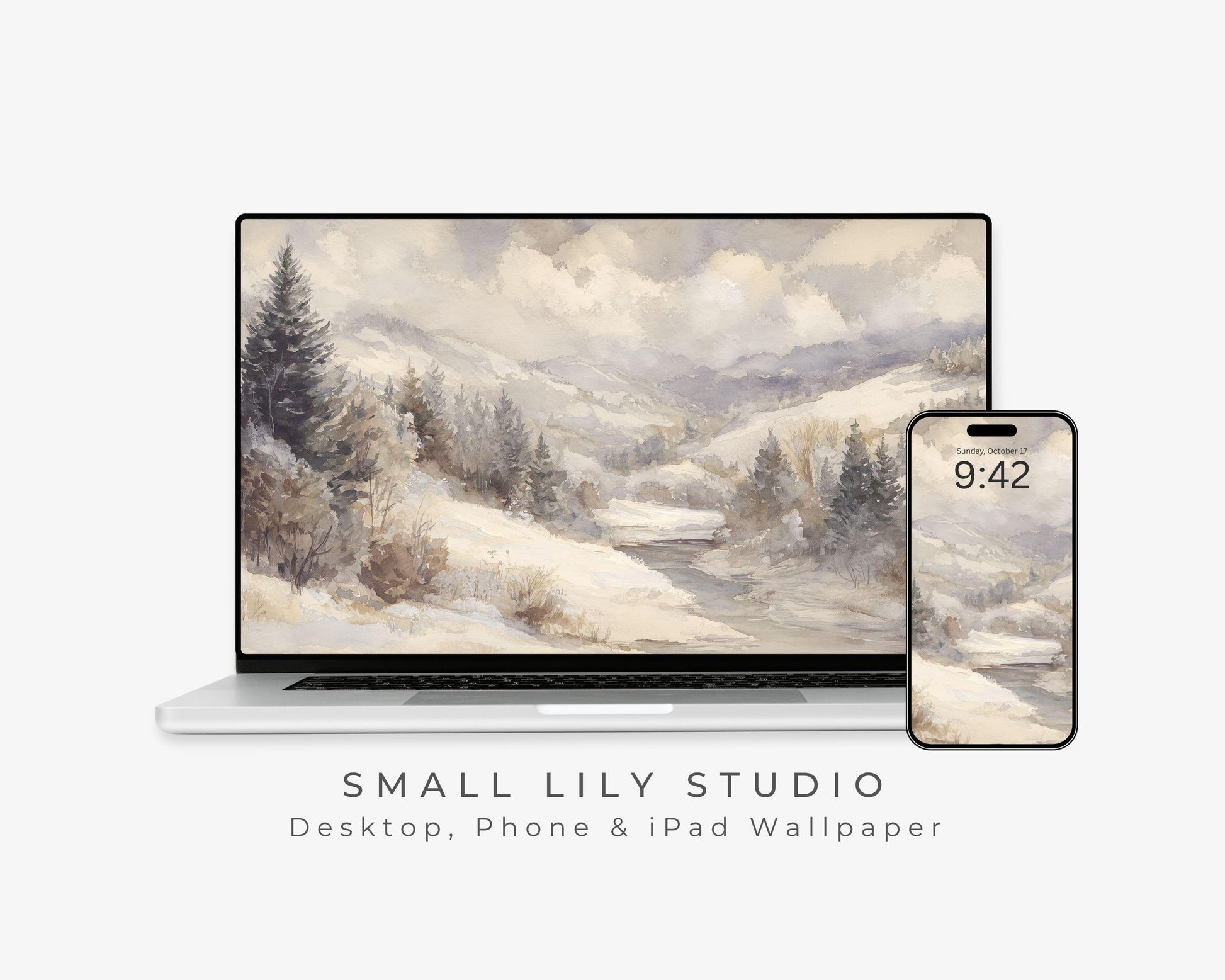 Watercolor Winter Landscape Desktop Wallpaper Set, Neutral Phone Wallpaper, Winter iPhone Wallpaper, iPad Background Vintage Style | WS130