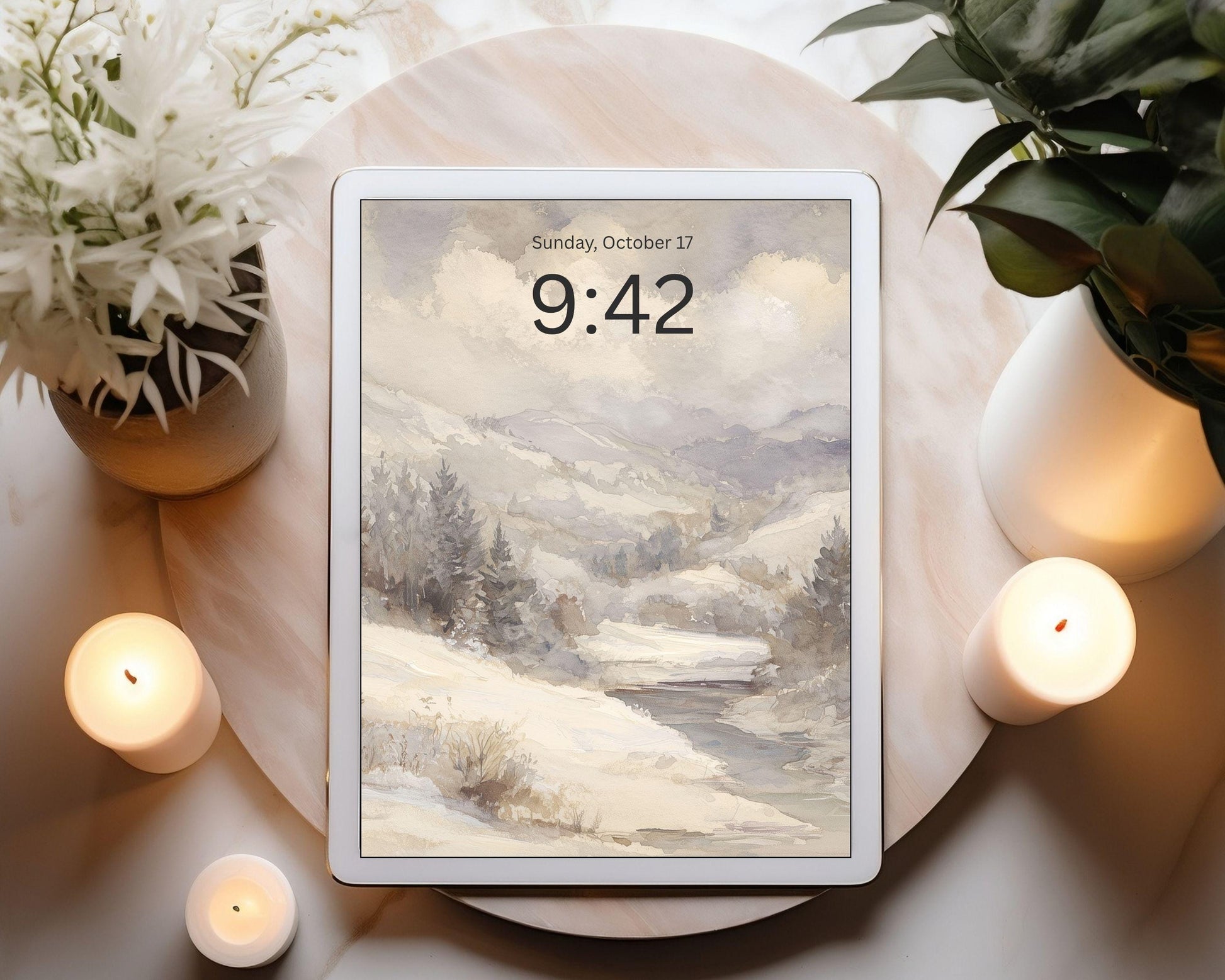 Watercolor Winter Landscape Desktop Wallpaper Set, Neutral Phone Wallpaper, Winter iPhone Wallpaper, iPad Background Vintage Style | WS130