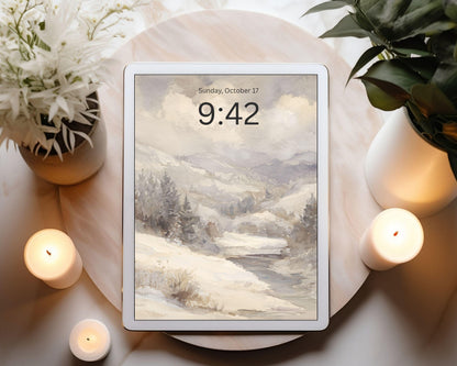 Watercolor Winter Landscape Desktop Wallpaper Set, Neutral Phone Wallpaper, Winter iPhone Wallpaper, iPad Background Vintage Style | WS130