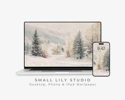 Watercolor Winter Landscape Desktop Wallpaper Set, Christmas Phone Wallpaper, Winter iPhone Wallpaper, iPad Background Vintage Style | WS131