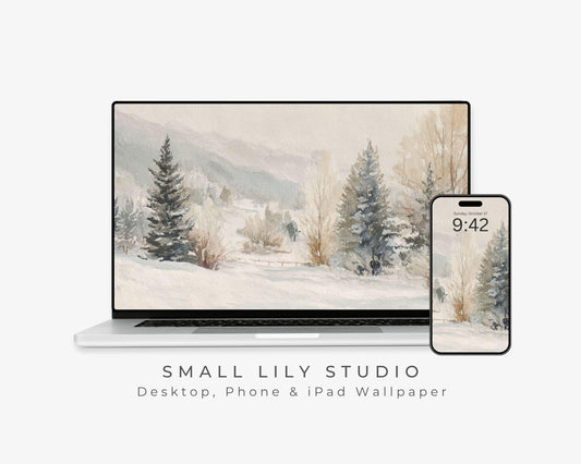 Watercolor Winter Landscape Desktop Wallpaper Set, Christmas Phone Wallpaper, Winter iPhone Wallpaper, iPad Background Vintage Style | WS131