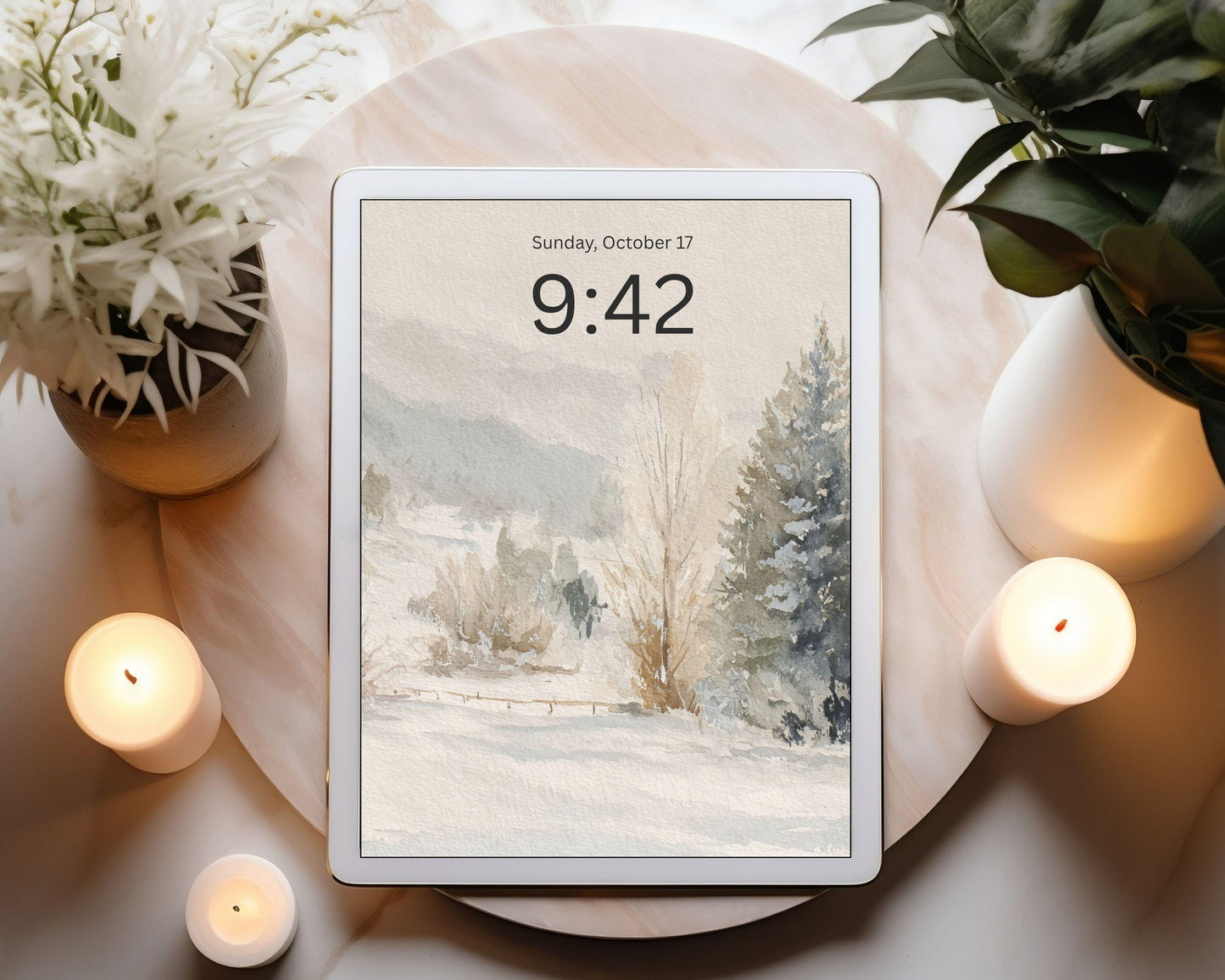 Watercolor Winter Landscape Desktop Wallpaper Set, Christmas Phone Wallpaper, Winter iPhone Wallpaper, iPad Background Vintage Style | WS131