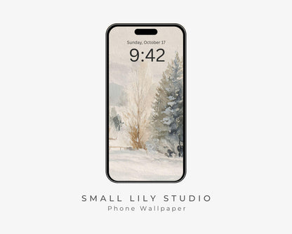 Watercolor Winter Landscape Phone Wallpaper, Christmas iPhone Wallpaper, Vintage Style Samsung Galaxy Phone Background | WP131