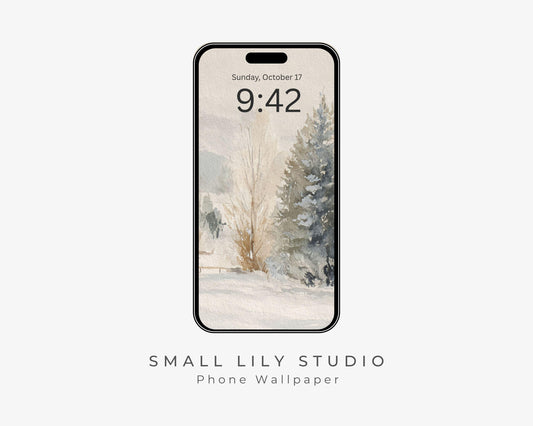 Watercolor Winter Landscape Phone Wallpaper, Christmas iPhone Wallpaper, Vintage Style Samsung Galaxy Phone Background | WP131