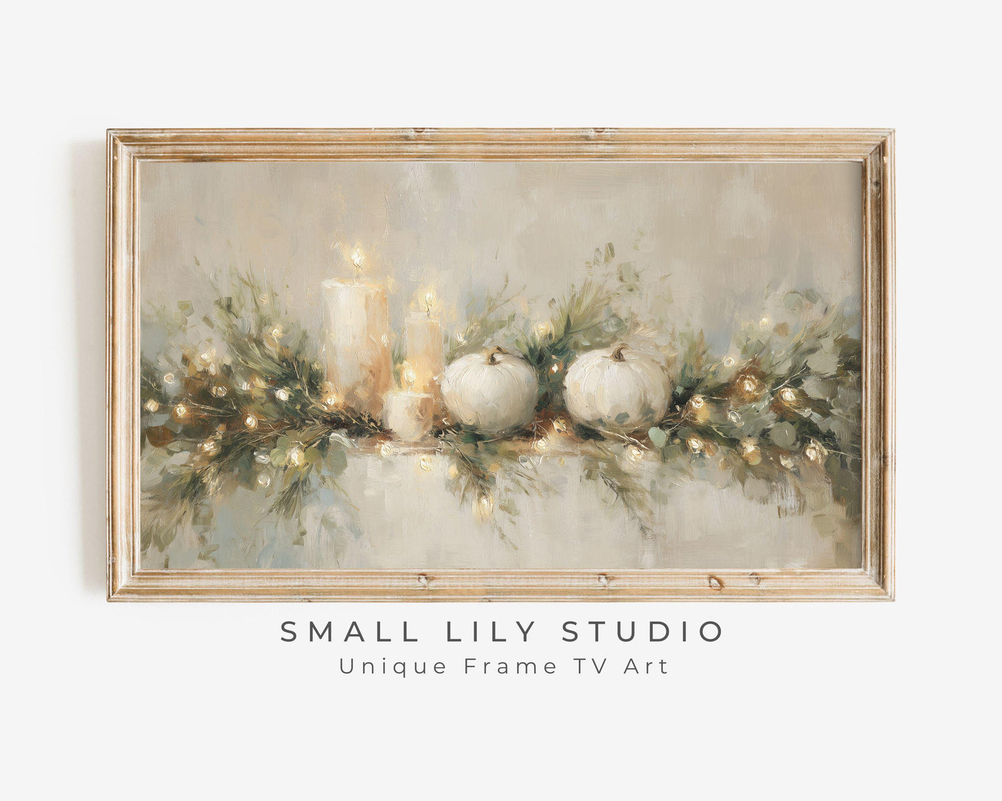 FRAME TV art Thanksgiving Garland, Samsung Frame TV Fall Art White Pumpkins and Candles Vintage Style Painting | TV1029