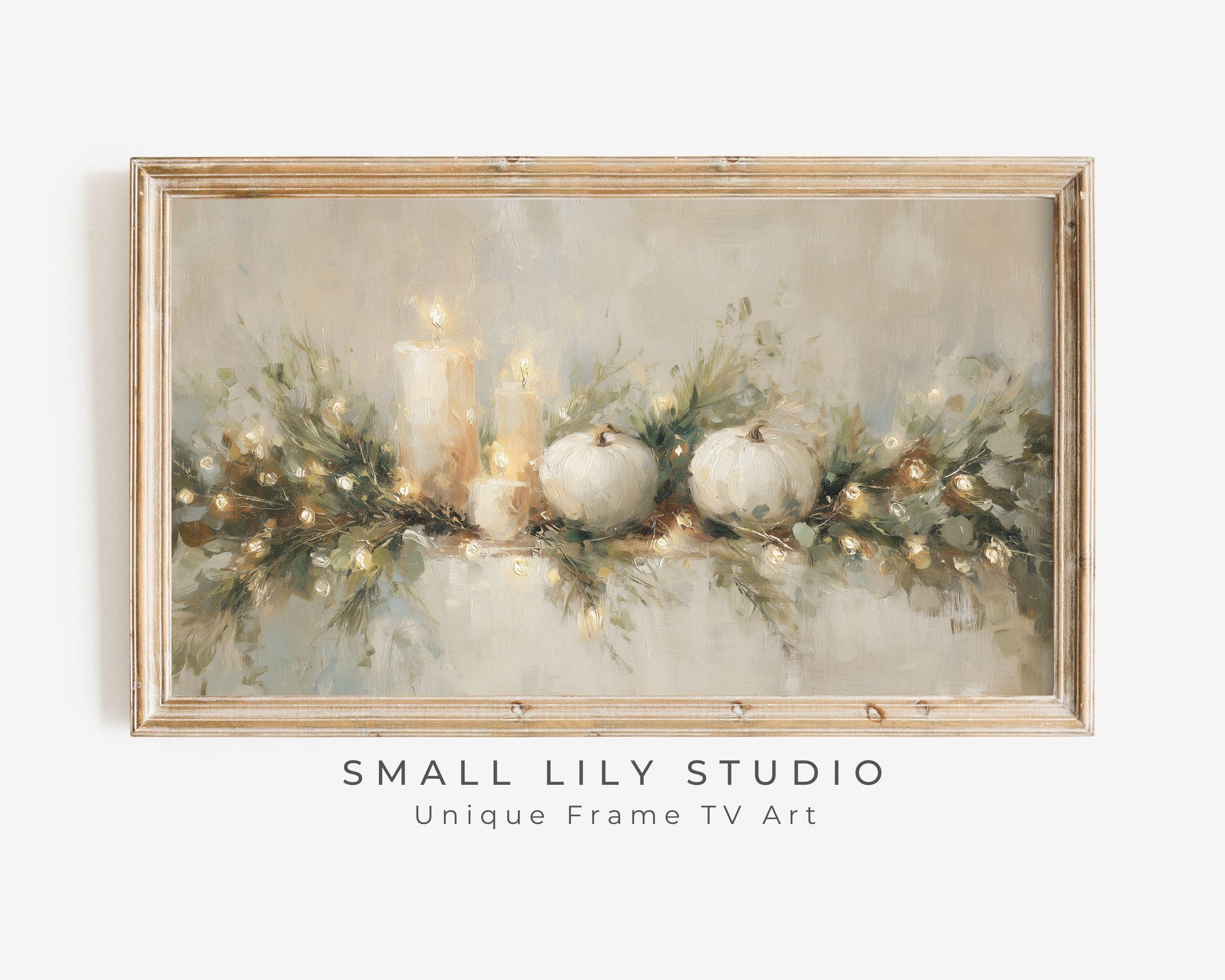 FRAME TV art Thanksgiving Garland, Samsung Frame TV Fall Art White Pumpkins and Candles Vintage Style Painting | TV1029