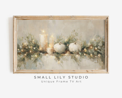 FRAME TV art Thanksgiving Garland, Samsung Frame TV Fall Art White Pumpkins and Candles Vintage Style Painting | TV1029