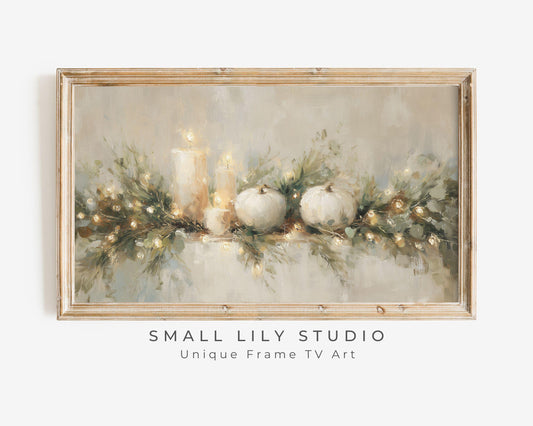 FRAME TV art Thanksgiving Garland, Samsung Frame TV Fall Art White Pumpkins and Candles Vintage Style Painting | TV1029