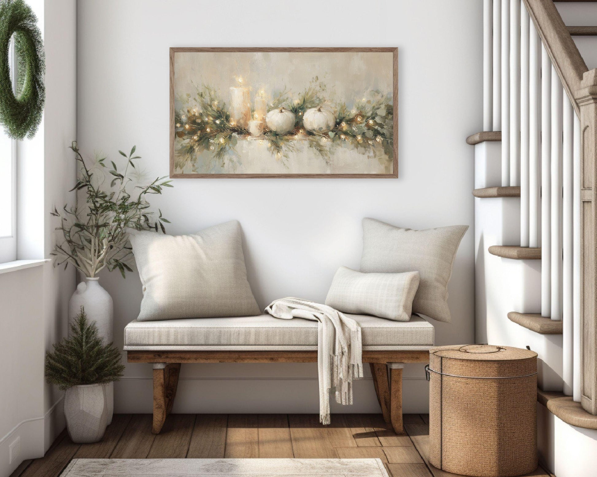 FRAME TV art Thanksgiving Garland, Samsung Frame TV Fall Art White Pumpkins and Candles Vintage Style Painting | TV1029