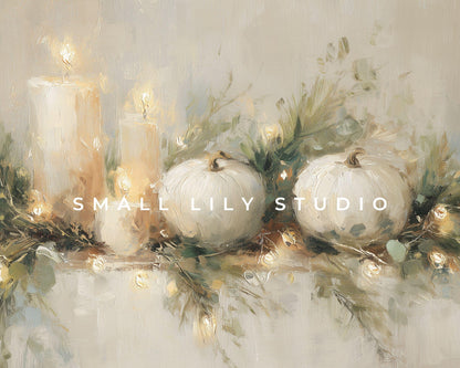 FRAME TV art Thanksgiving Garland, Samsung Frame TV Fall Art White Pumpkins and Candles Vintage Style Painting | TV1029