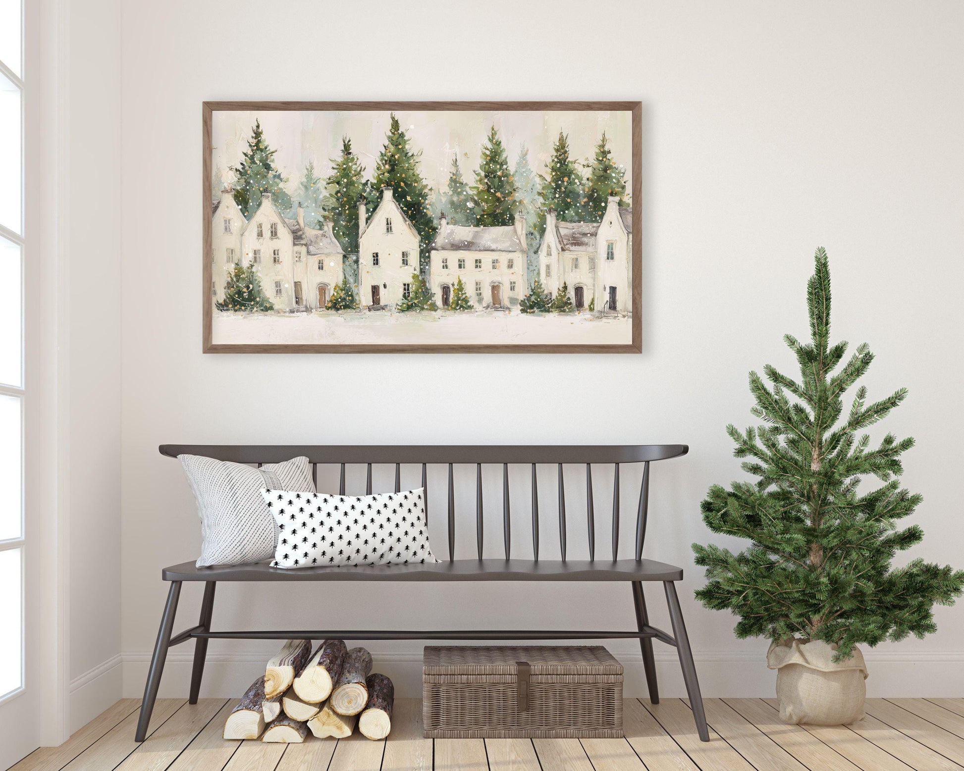 FRAME TV art White Christmas Houses, Samsung Frame TV art Winter Holiday Vintage Style Painting | TV1030
