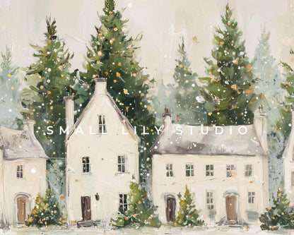 FRAME TV art White Christmas Houses, Samsung Frame TV art Winter Holiday Vintage Style Painting | TV1030