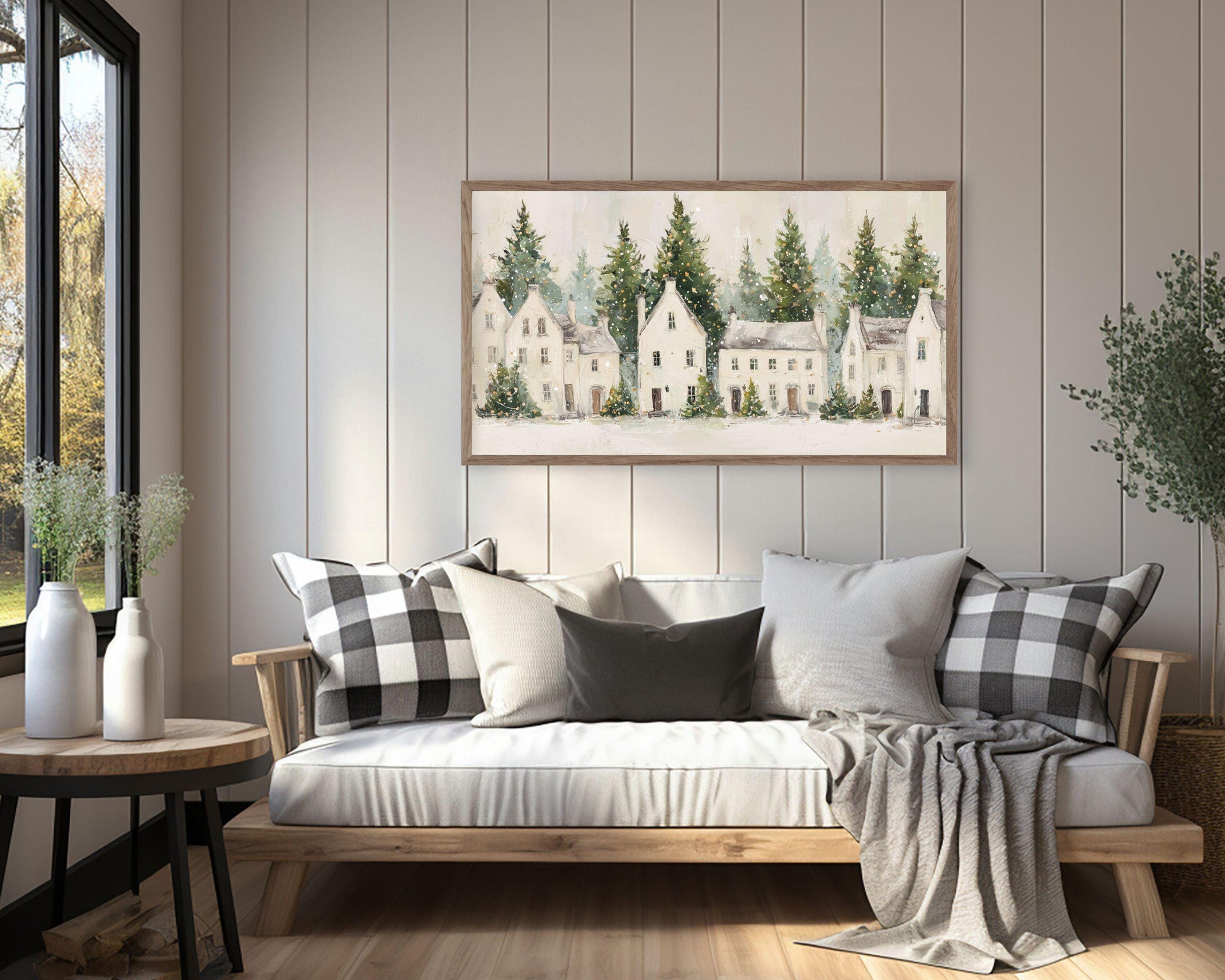 FRAME TV art White Christmas Houses, Samsung Frame TV art Winter Holiday Vintage Style Painting | TV1030