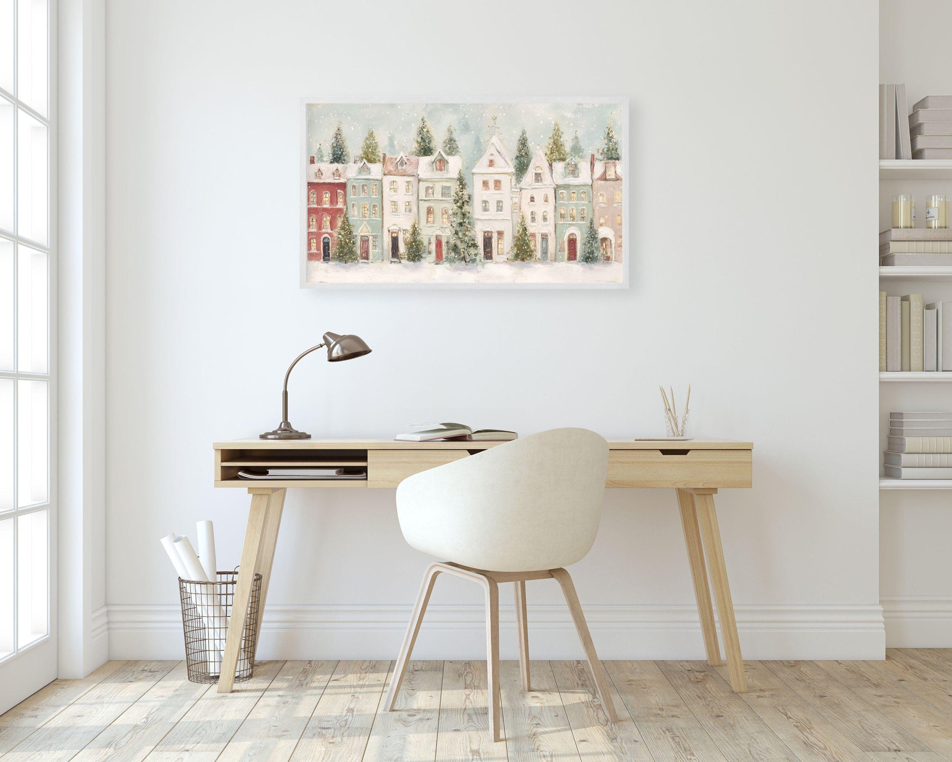 FRAME TV art Pastel Christmas Houses, Samsung Frame TV art Cute Winter Holiday Vintage Style Painting | TV1031