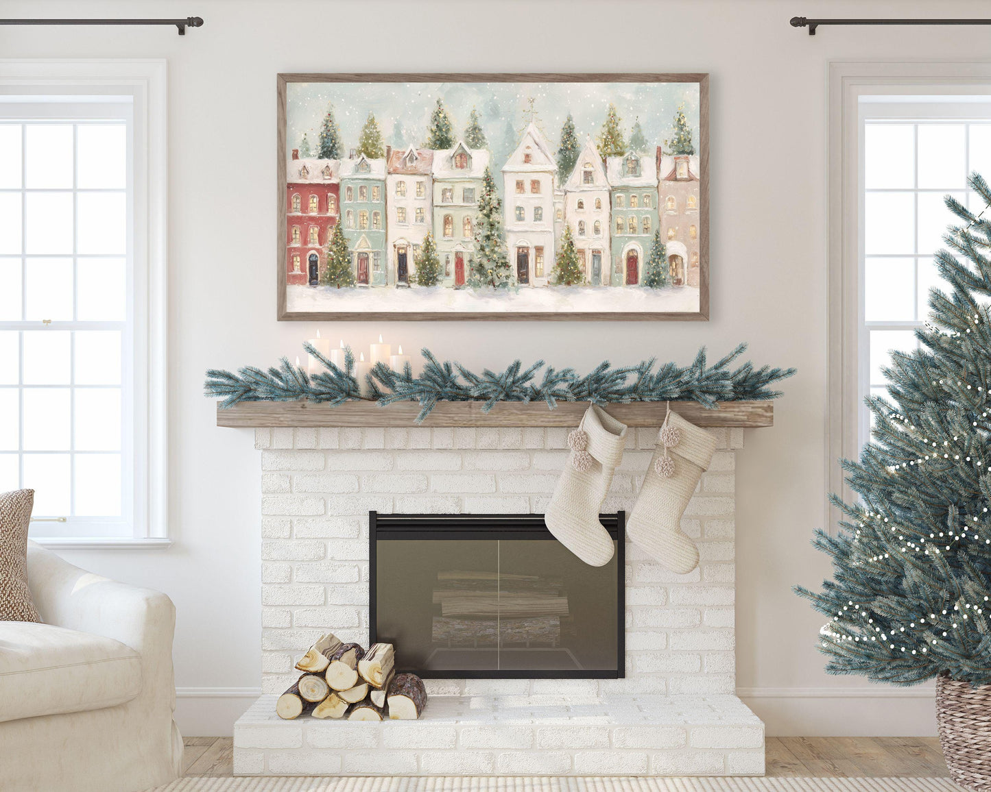 FRAME TV art Pastel Christmas Houses, Samsung Frame TV art Cute Winter Holiday Vintage Style Painting | TV1031