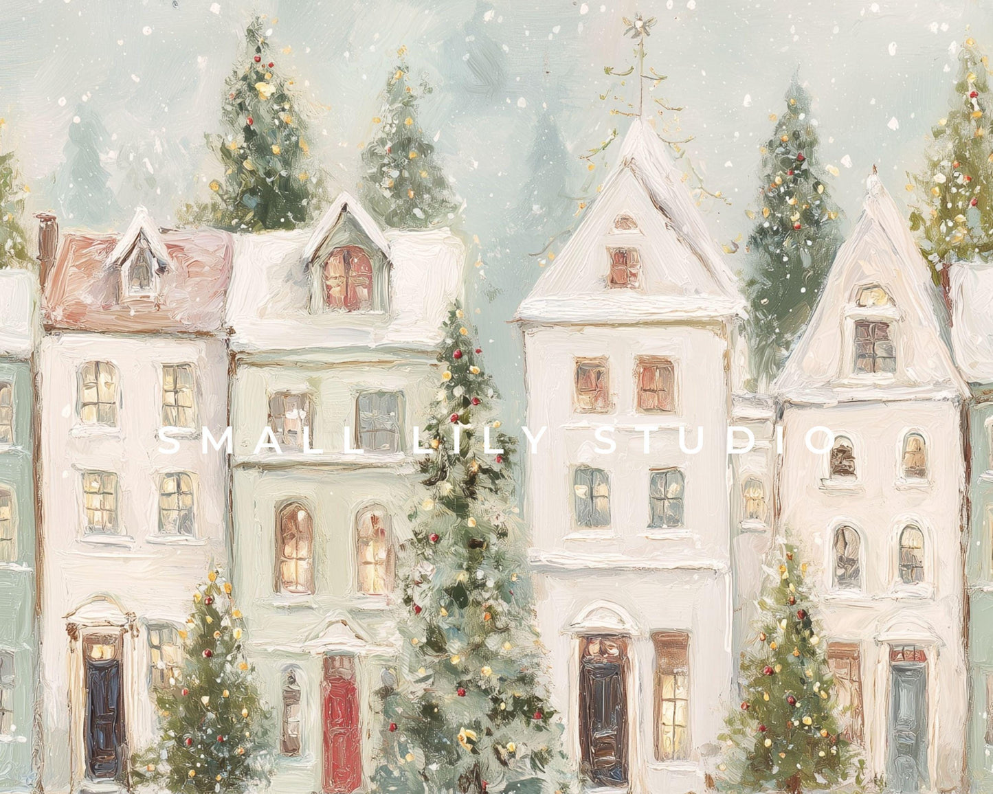 FRAME TV art Pastel Christmas Houses, Samsung Frame TV art Cute Winter Holiday Vintage Style Painting | TV1031