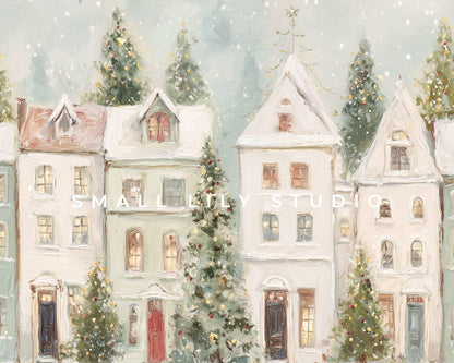 FRAME TV art Pastel Christmas Houses, Samsung Frame TV art Cute Winter Holiday Vintage Style Painting | TV1031