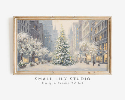 FRAME TV art Christmas Tree in New York, Samsung Frame TV art City Winter Holiday Vintage Style Painting | TV1032