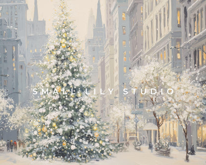 FRAME TV art Christmas Tree in New York, Samsung Frame TV art City Winter Holiday Vintage Style Painting | TV1032