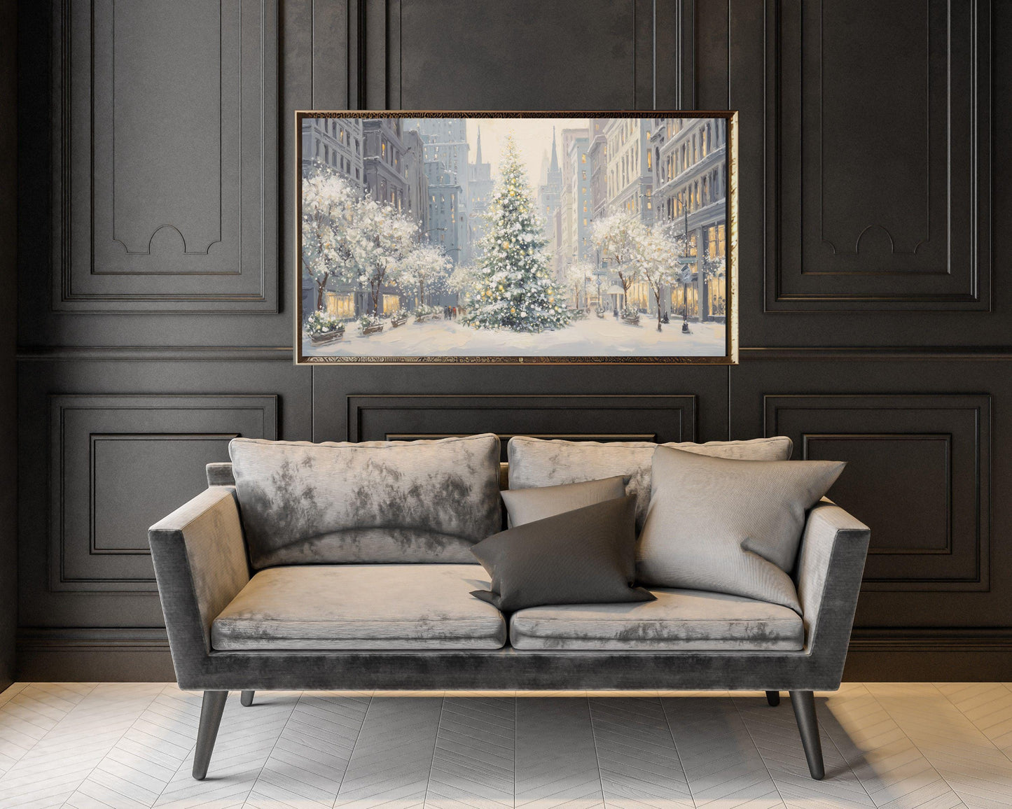 FRAME TV art Christmas Tree in New York, Samsung Frame TV art City Winter Holiday Vintage Style Painting | TV1032