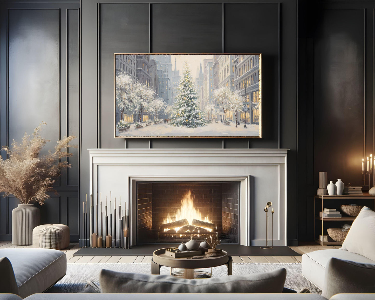 FRAME TV art Christmas Tree in New York, Samsung Frame TV art City Winter Holiday Vintage Style Painting | TV1032
