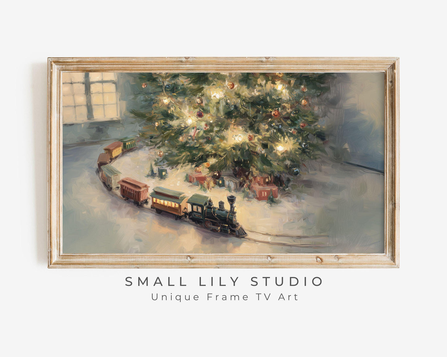FRAME TV art Toy Train Under Christmas Tree, Samsung Frame TV art Cozy Holiday Vintage Style Painting | TV1033