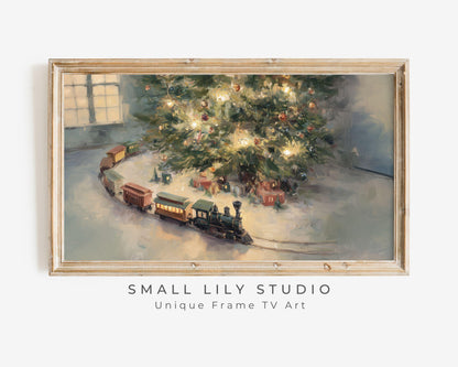 FRAME TV art Toy Train Under Christmas Tree, Samsung Frame TV art Cozy Holiday Vintage Style Painting | TV1033