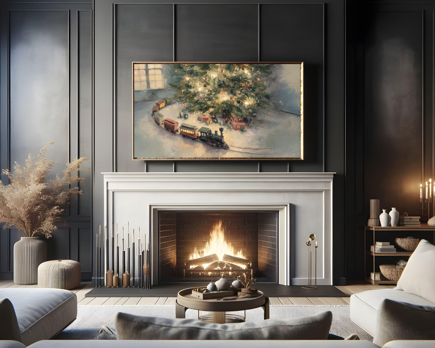 FRAME TV art Toy Train Under Christmas Tree, Samsung Frame TV art Cozy Holiday Vintage Style Painting | TV1033