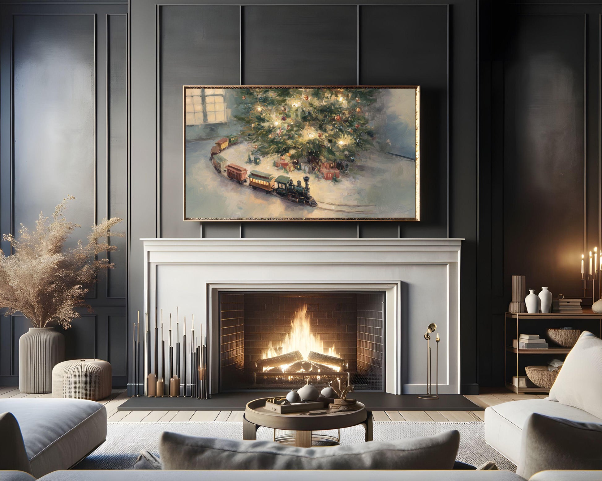 FRAME TV art Toy Train Under Christmas Tree, Samsung Frame TV art Cozy Holiday Vintage Style Painting | TV1033