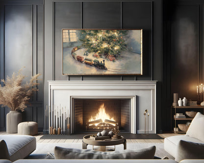 FRAME TV art Toy Train Under Christmas Tree, Samsung Frame TV art Cozy Holiday Vintage Style Painting | TV1033