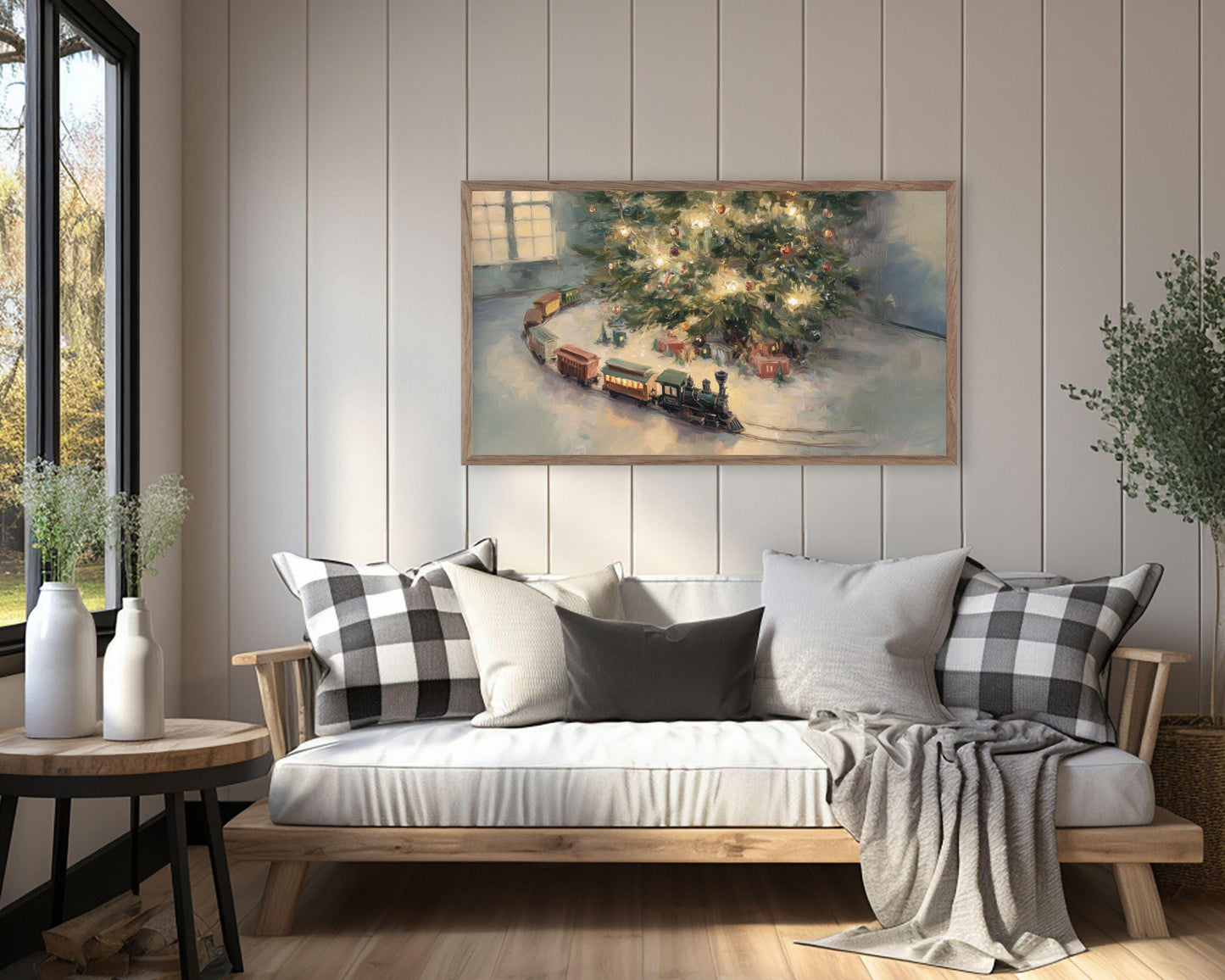 FRAME TV art Toy Train Under Christmas Tree, Samsung Frame TV art Cozy Holiday Vintage Style Painting | TV1033