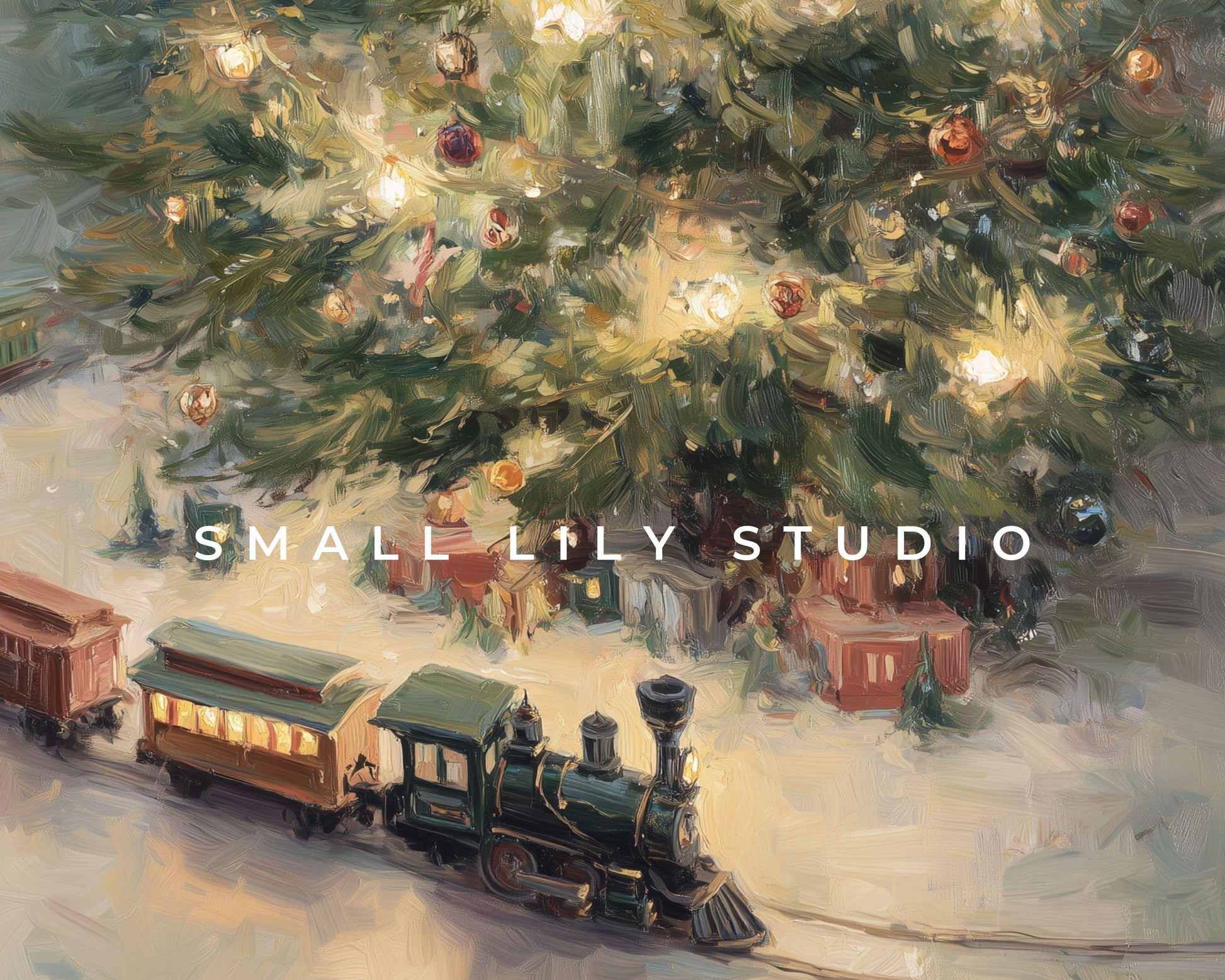FRAME TV art Toy Train Under Christmas Tree, Samsung Frame TV art Cozy Holiday Vintage Style Painting | TV1033