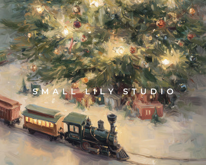 FRAME TV art Toy Train Under Christmas Tree, Samsung Frame TV art Cozy Holiday Vintage Style Painting | TV1033