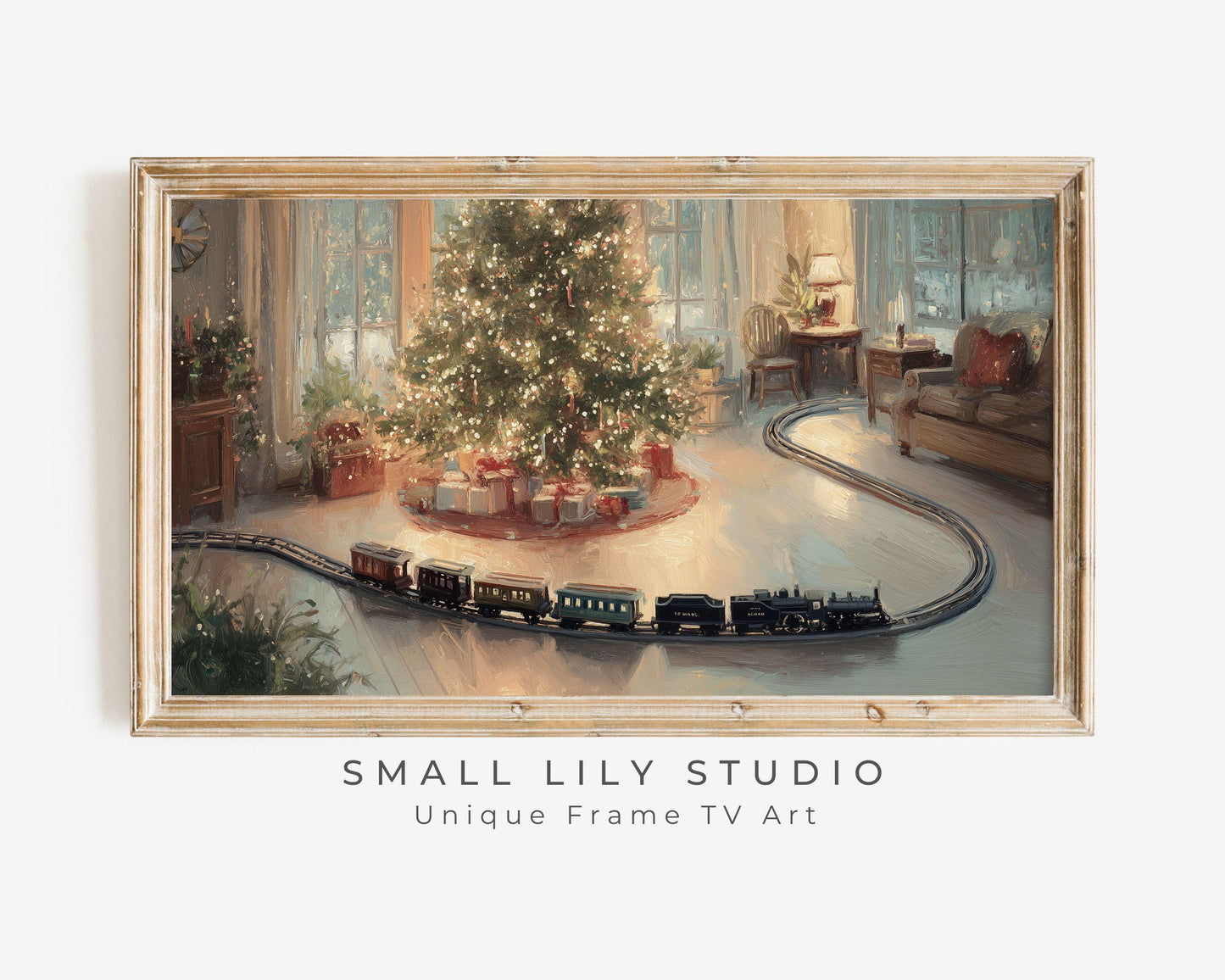 FRAME TV art Toy Train and Christmas Tree, Samsung Frame TV art Cozy Holiday Vintage Style Painting | TV1034