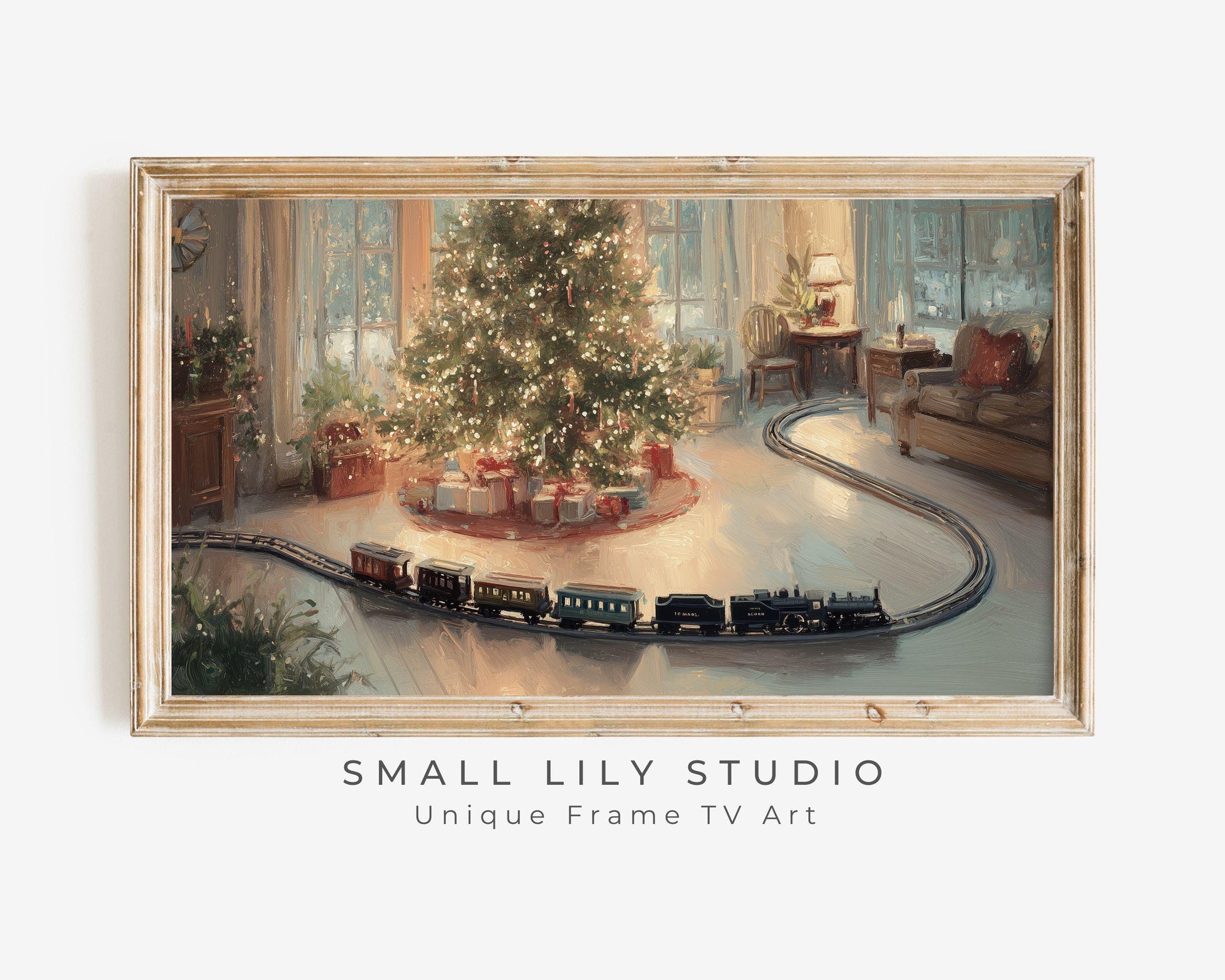 FRAME TV art Toy Train and Christmas Tree, Samsung Frame TV art Cozy Holiday Vintage Style Painting | TV1034