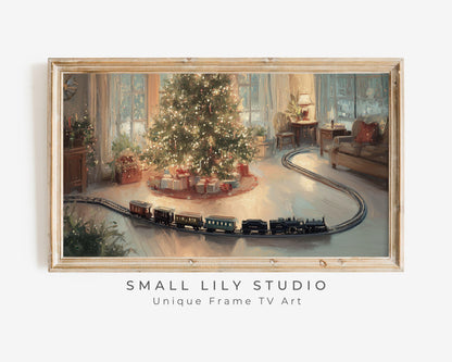 FRAME TV art Toy Train and Christmas Tree, Samsung Frame TV art Cozy Holiday Vintage Style Painting | TV1034
