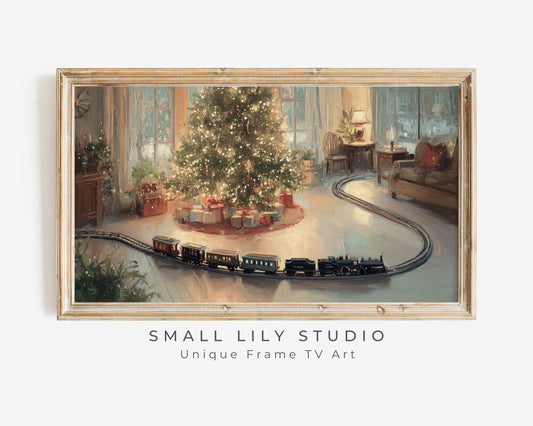 FRAME TV art Toy Train and Christmas Tree, Samsung Frame TV art Cozy Holiday Vintage Style Painting | TV1034